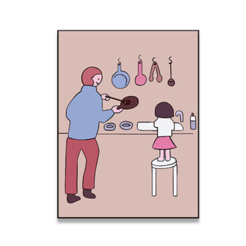 Family Daily Scene Canvas Art Scandinavian Style Textured Wall Decor in Soft Color