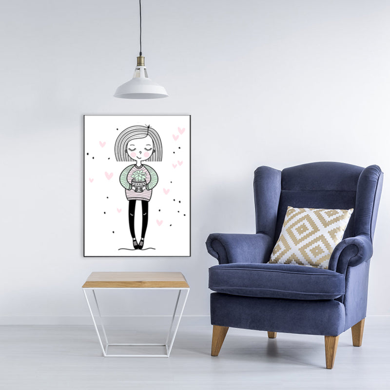 Pink Girl with Potting Wall Decor Figure Children's Art Textured Canvas Print for Room