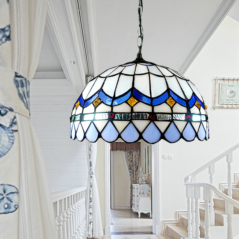 Domed Shade Living Room Suspension Light Stained Glass Traditional Tiffany Hanging Light in Blue