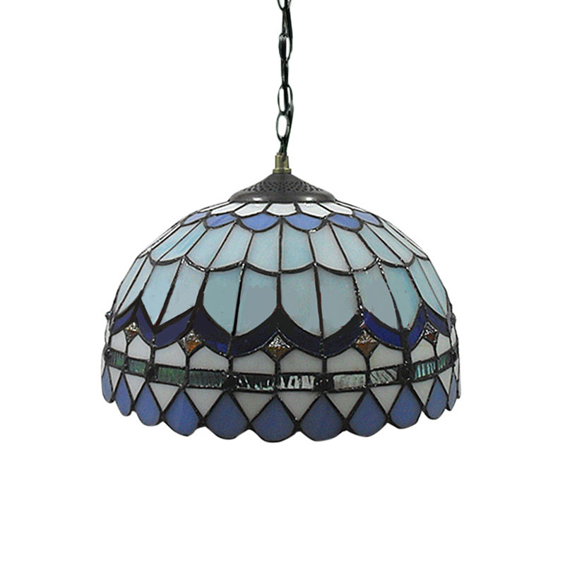 Domed Shade Living Room Suspension Light Stained Glass Traditional Tiffany Hanging Light in Blue