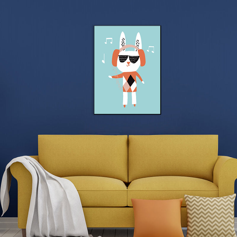 Cat with Headset Canvas Wall Art Green Kids Style Painting for Dining Room, Multiple Sizes