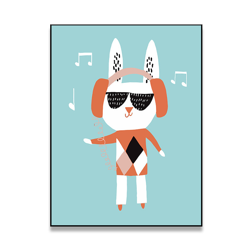 Cat with Headset Canvas Wall Art Green Kids Style Painting for Dining Room, Multiple Sizes