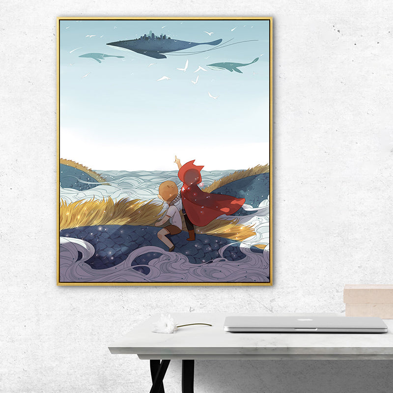 Fantasy Flying Whale Wall Art Cartoon Canvas Print Wall Decor in Blue for Nursery