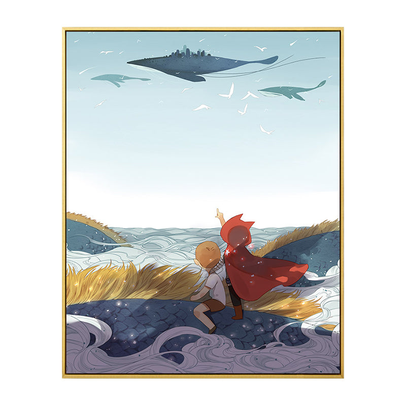 Fantasy Flying Whale Wall Art Cartoon Canvas Print Wall Decor in Blue for Nursery