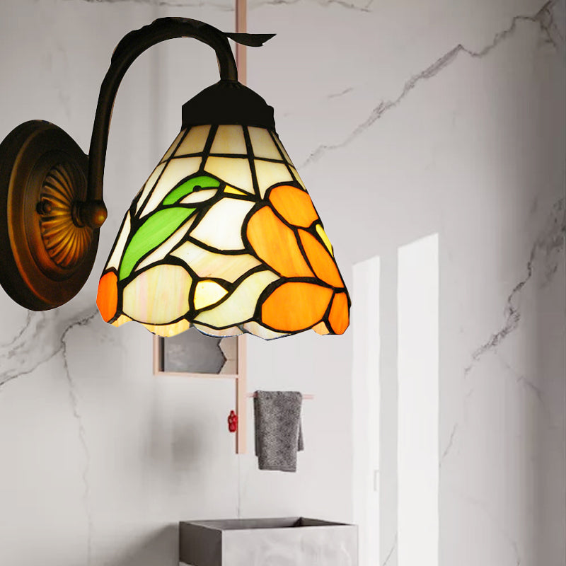 Rustic Tiffany Blossom Wall Light with Bird Stained Glass 1 Head Orange Wall Lamp for Dining Room