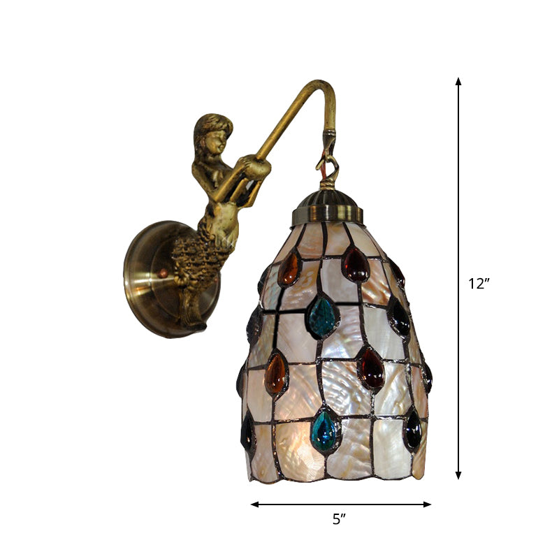 Elongated Wall Mount Light Fixture Tiffany Shell 1 Head Beige Sconce Light with Mermaid Backplate