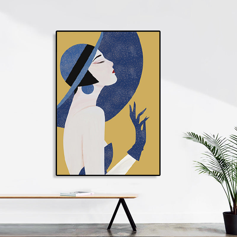 Blue Nordic Wall Art Illustration Portrait of Woman in Floppy Hat Canvas for Girls Room