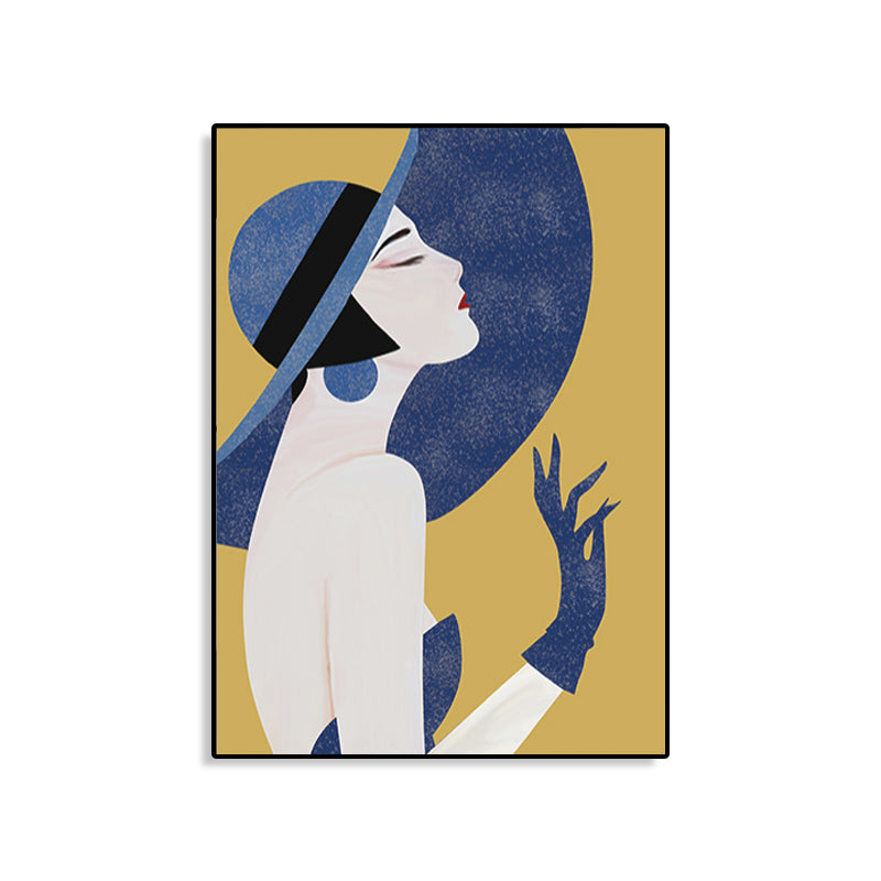 Blue Nordic Wall Art Illustration Portrait of Woman in Floppy Hat Canvas for Girls Room