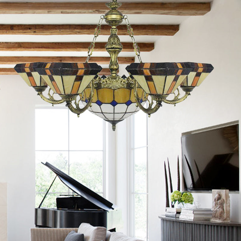 Villa Shuttlecock lampadario con cupola centrale ART Glass Tiffany Vintage Trapezoide/Luce appesa a forma di svasata in giallo