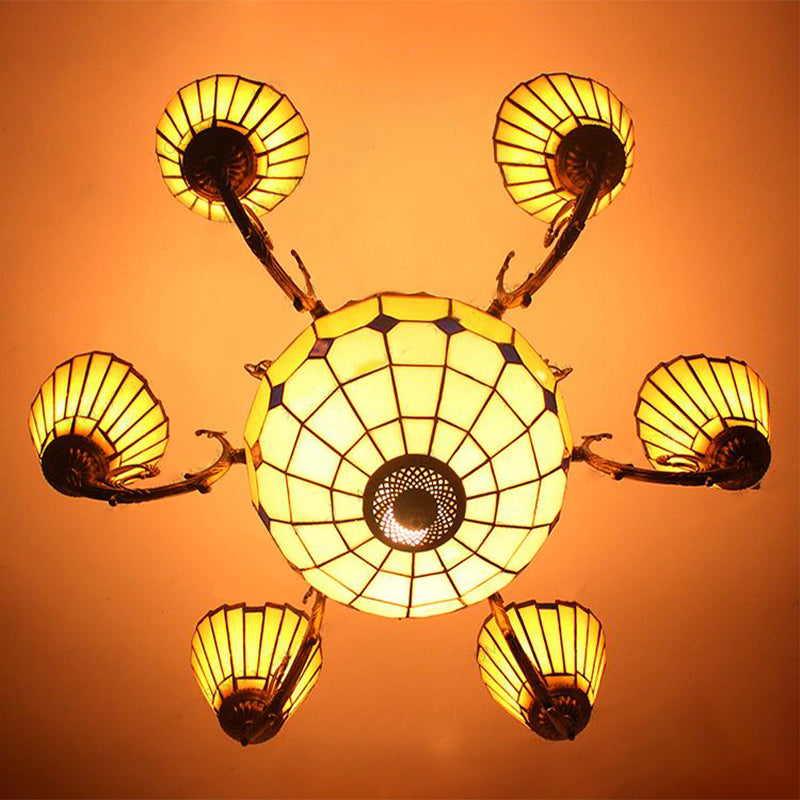 Villa Shuttlecock lampadario con cupola centrale ART Glass Tiffany Vintage Trapezoide/Luce appesa a forma di svasata in giallo