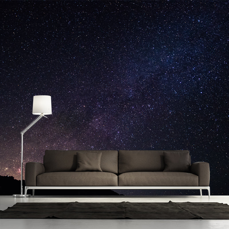 Mountain and Night Stars Mural Decal Black-Blue Contemporary Wall Decor for Living Room