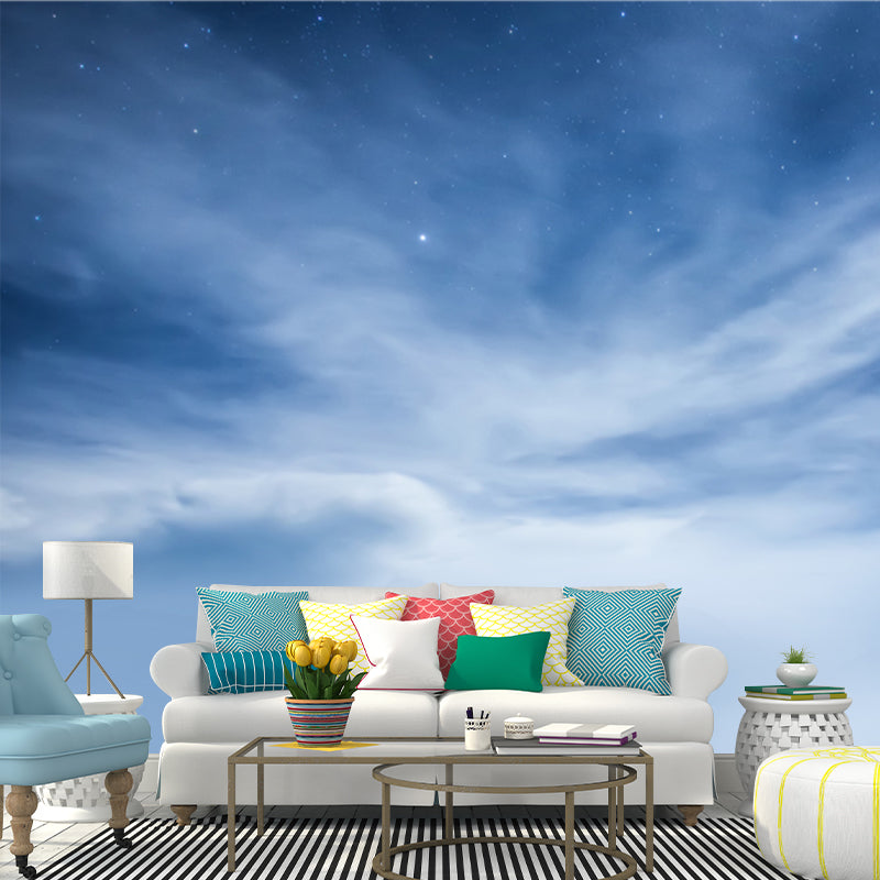 Blue-White Sky Scenery Mural Dazzling Stars Behind Cloud Modern Waterproof Wall Art