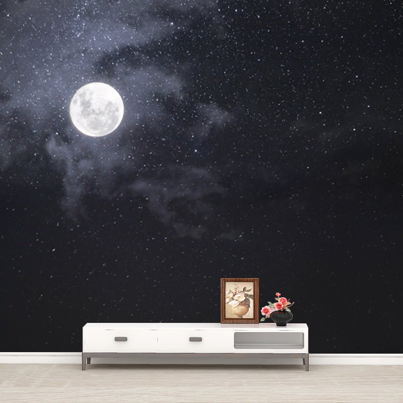 Moon and Starry Sky Mural Wallpaper in White on Black Contemporary Wall Art for Home