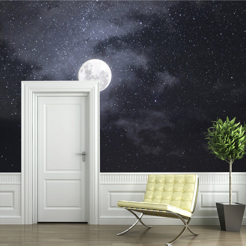 Moon and Starry Sky Mural Wallpaper in White on Black Contemporary Wall Art for Home