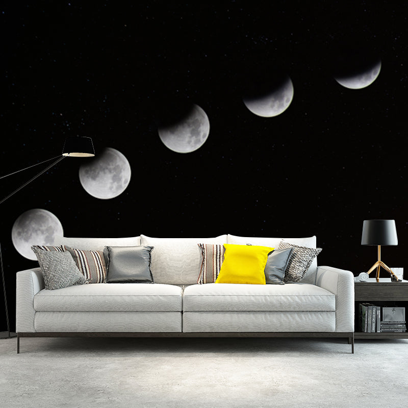 Whole Astronomy Wall Covering Mural Modern Complete Lunar Eclipse Wall Art in Black