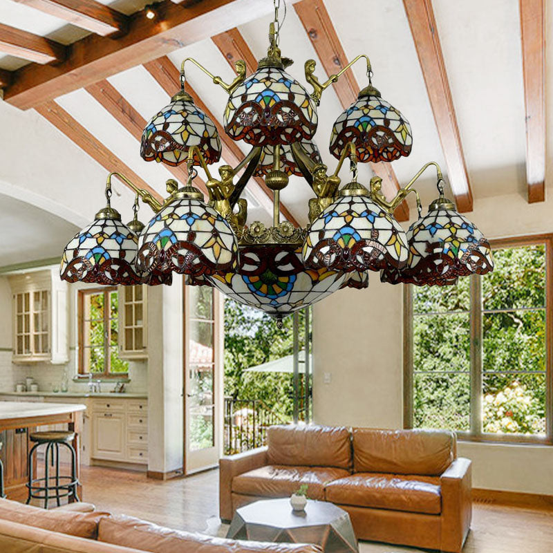 Brown 15 luci lampadario lampadario tiffany taglio a cupola a ciondolo per soggiorno con design della sirena