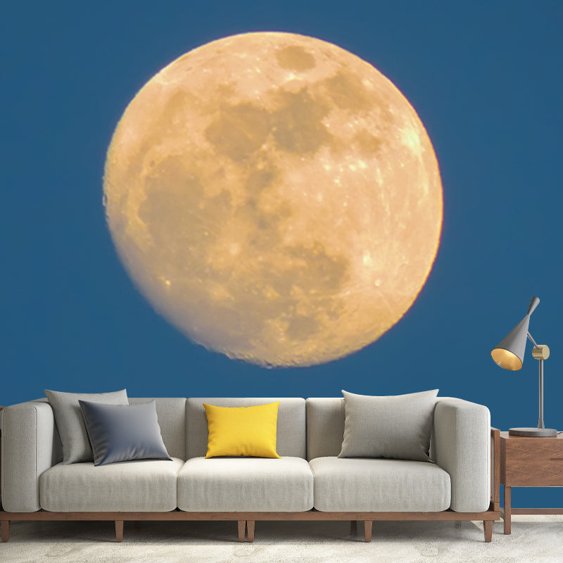 Blue-Yellow Gibbous Moon Mural Astronomy Modernist Washable Wall Decor for Bedroom