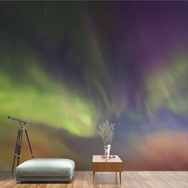 Photo-Printed Modernist Mural Orange-Yellow Polar Lights Wall Covering, Custom Size