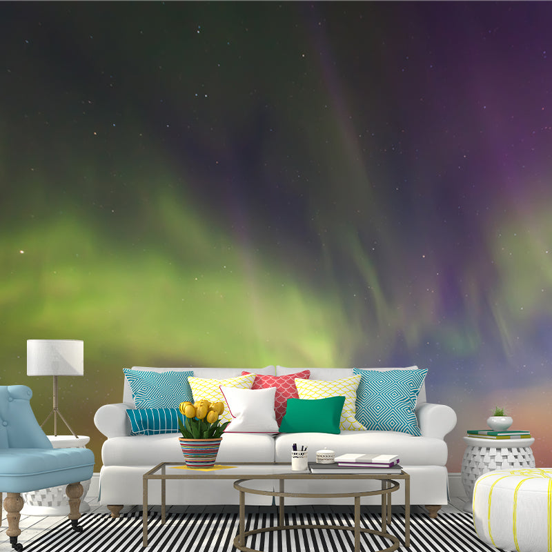 Photo-Printed Modernist Mural Orange-Yellow Polar Lights Wall Covering, Custom Size