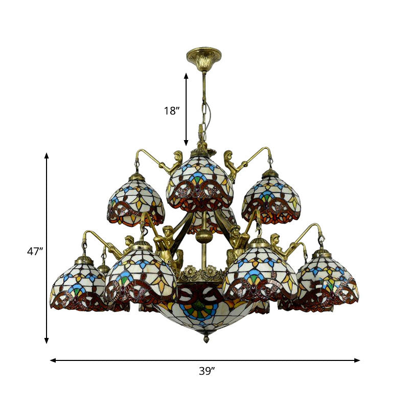 Brown 15 luci lampadario lampadario tiffany taglio a cupola a ciondolo per soggiorno con design della sirena