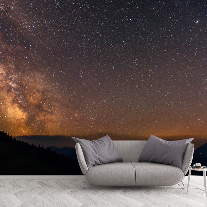 Whole Night Mountain Stargazing Mural Bedroom Starry Sky Wall Covering in Yellow-Black, Size Optional