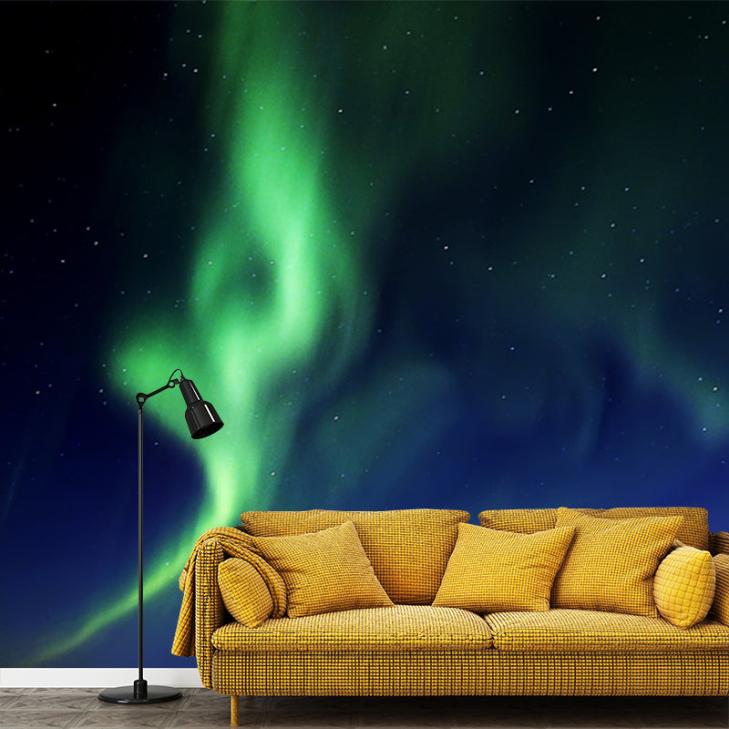 Aqua Modern Wall Paper Mural Big Aurora at Starry Night Wall Covering for Bedroom