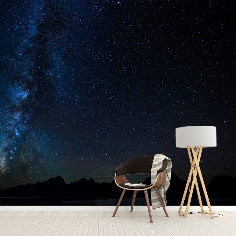 Black-Blue Stars View Mural Stain Resistant Modernist Bedroom Wall Decoration, Non-Woven