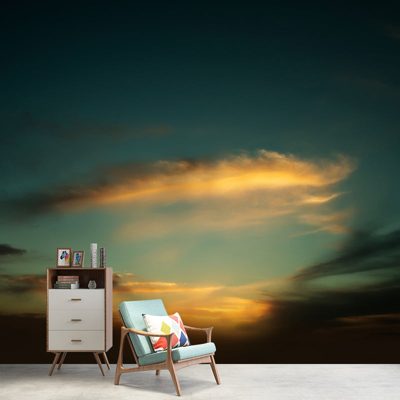 Contemporary Feather-Like Cloud Mural Green-Yellow Living Room Wall Art, Custom Made