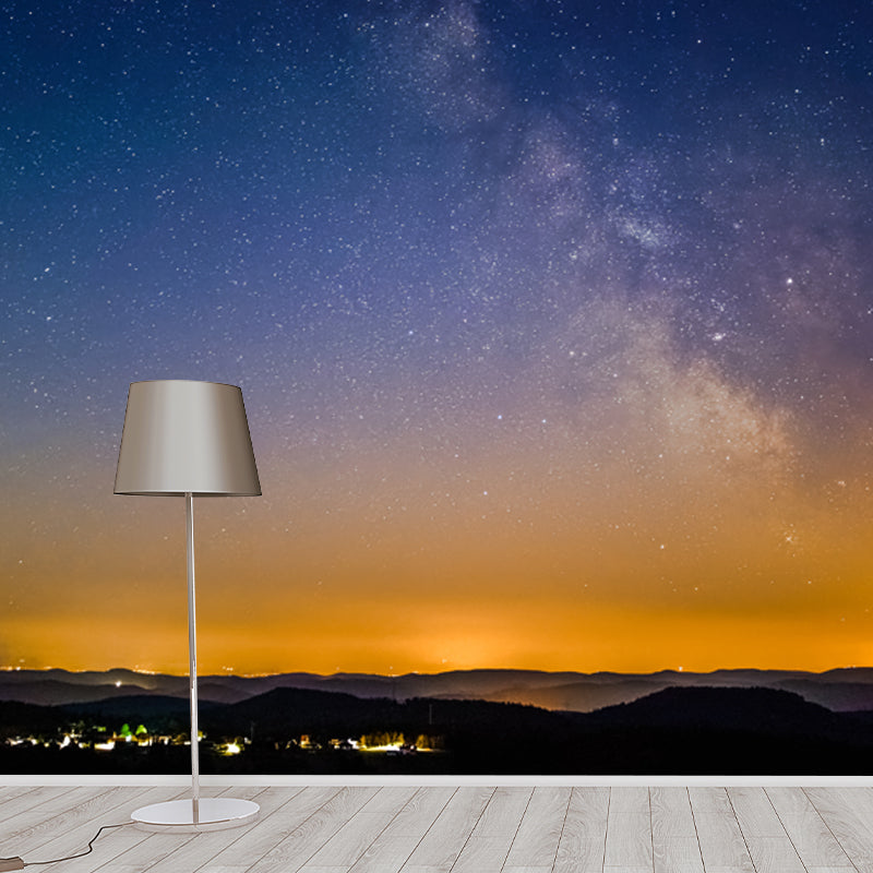 Blue-Yellow Nightfall Stars Mural Moisture Resistant Wall Covering for Living Room