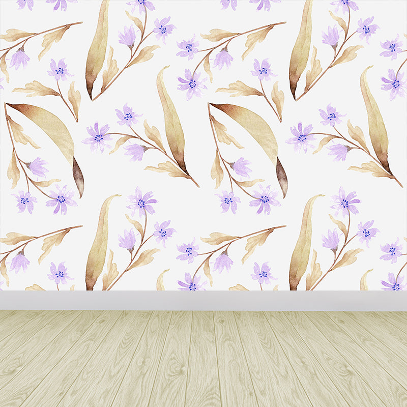 Contemporary Girls Mural Wallpaper Floral Design Light Color Wall Covering, Custom