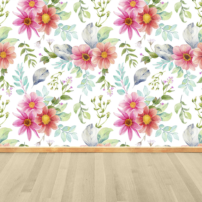 Contemporary Girls Mural Wallpaper Floral Design Light Color Wall Covering, Custom