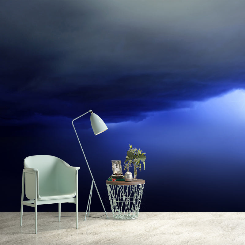 Lightning Strike from Clouds Mural Blue-Black Modern Wall Art, Custom Size Available