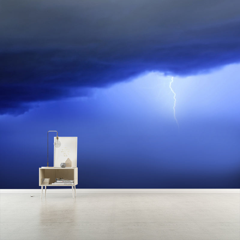 Lightning Strike from Clouds Mural Blue-Black Modern Wall Art, Custom Size Available