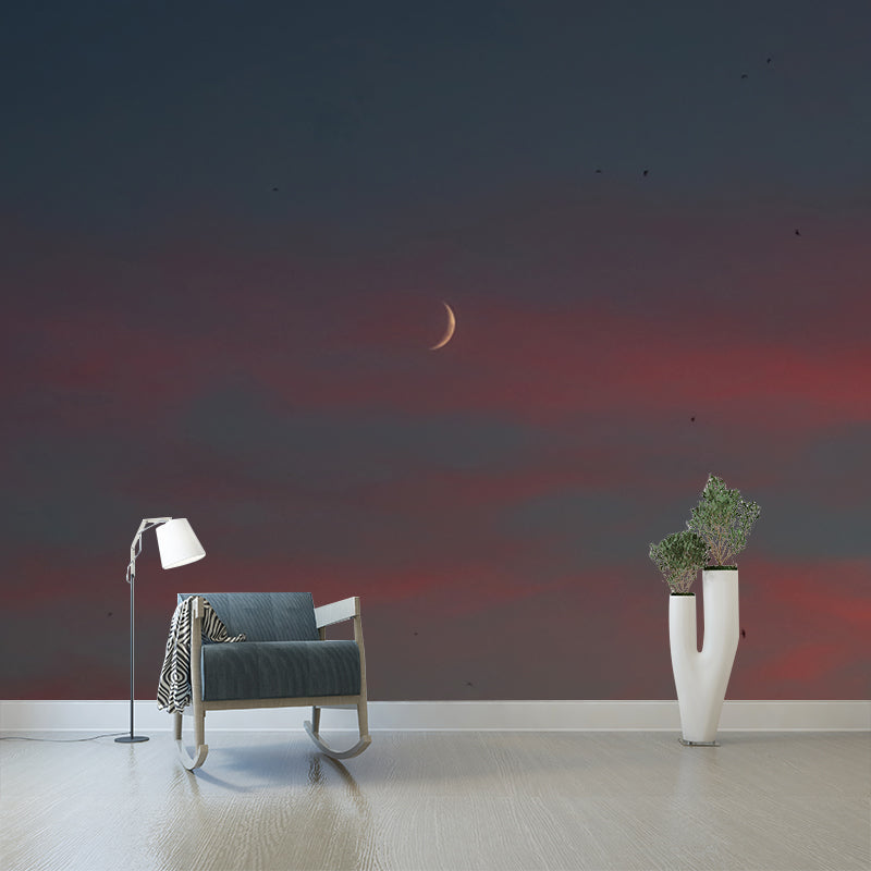 Big Dusk New Moon Mural Blue-Yellow Non-Woven Fabric Wall Art, Stain Resistant, Custom Made