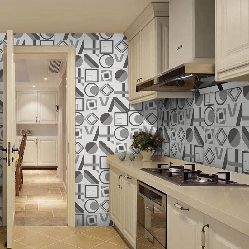 Grey Geometric Shape Wallpaper Panel Set Peel and Paste Modern Bathroom Wall Art