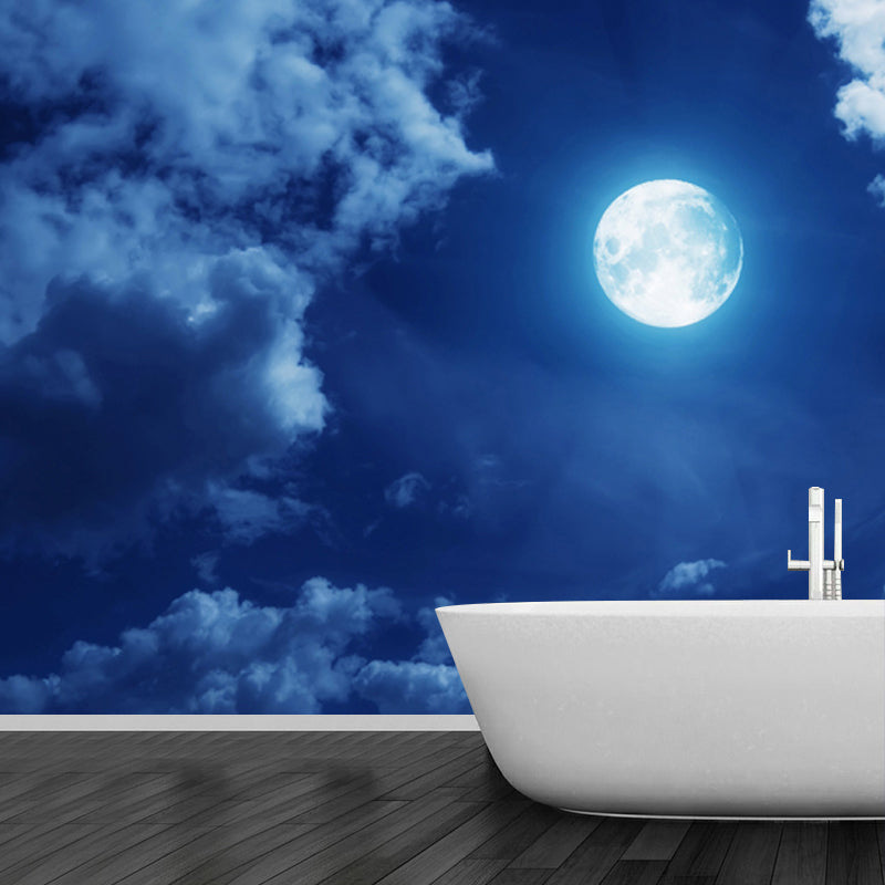 Blue-White Modernist Mural Decal Big Moon in Cloudy Night Sky Wall Covering for Home