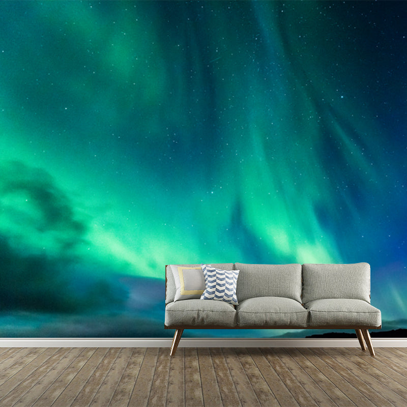 Non-Woven Huge Aqua Mural Modern Aurora on Night Starry Sky Wall Art, Custom Print