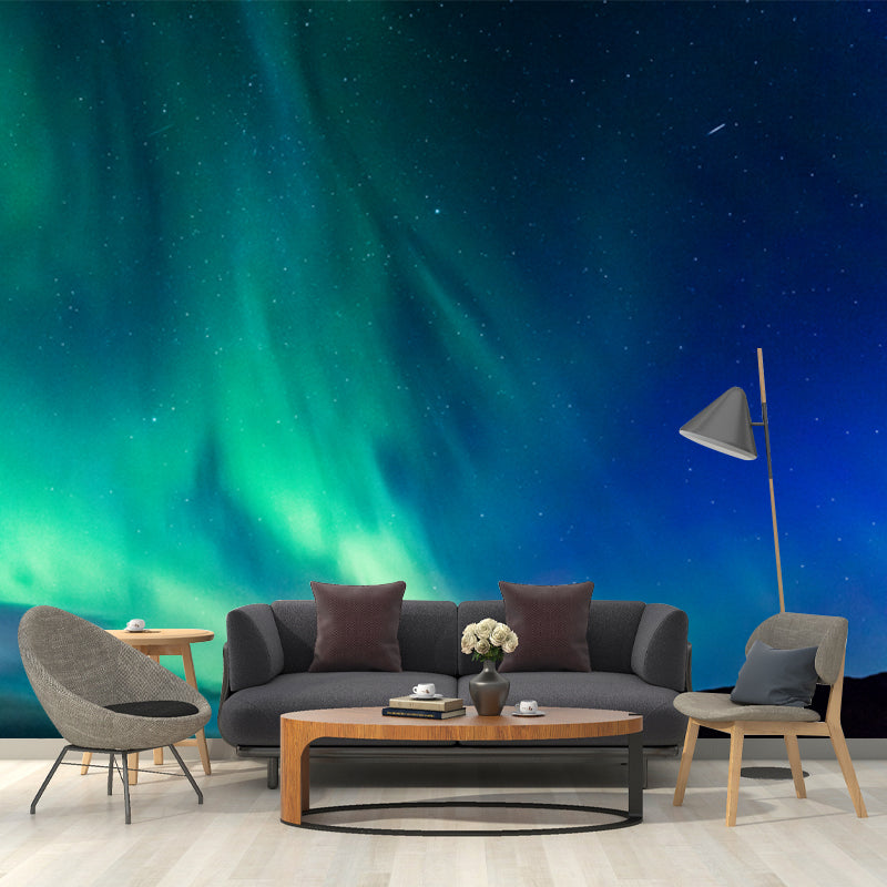 Non-Woven Huge Aqua Mural Modern Aurora on Night Starry Sky Wall Art, Custom Print