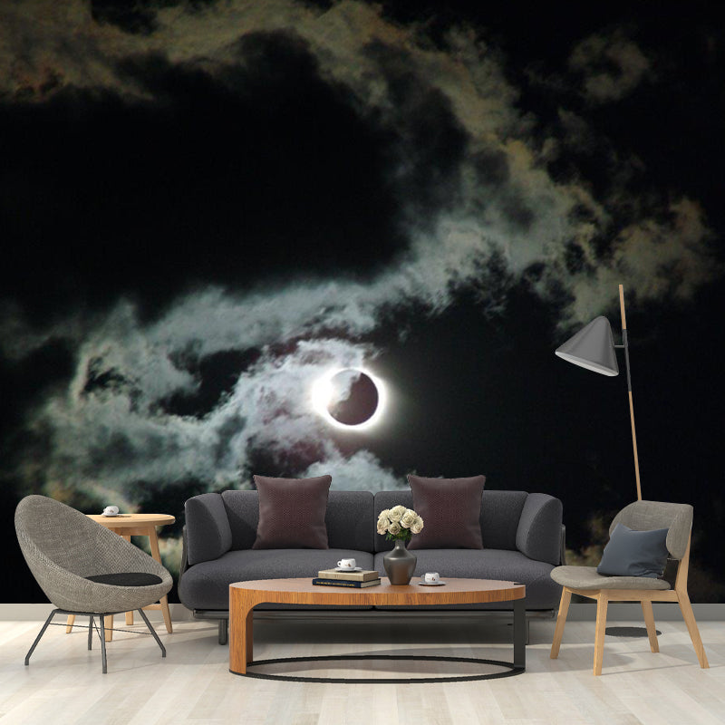Non-Woven Washable Mural Modern Cloud and Full Moon Night Wall Decor in Black-White