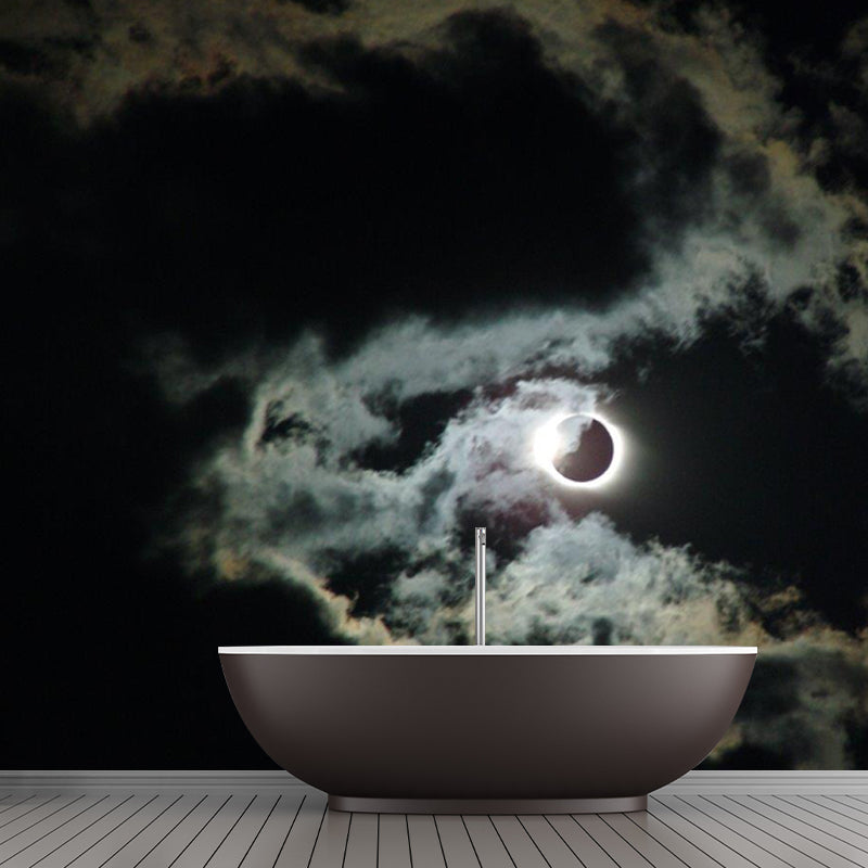 Non-Woven Washable Mural Modern Cloud and Full Moon Night Wall Decor in Black-White