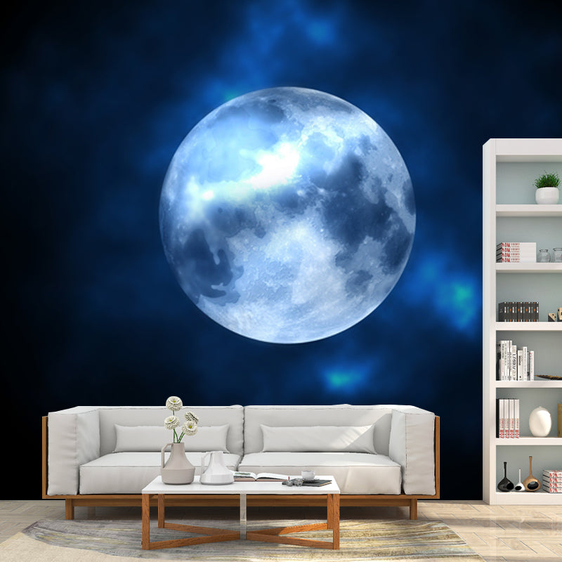Contemporary Full Moon Mural Non-Wove Washable Black-Blue Wall Art for Living Room