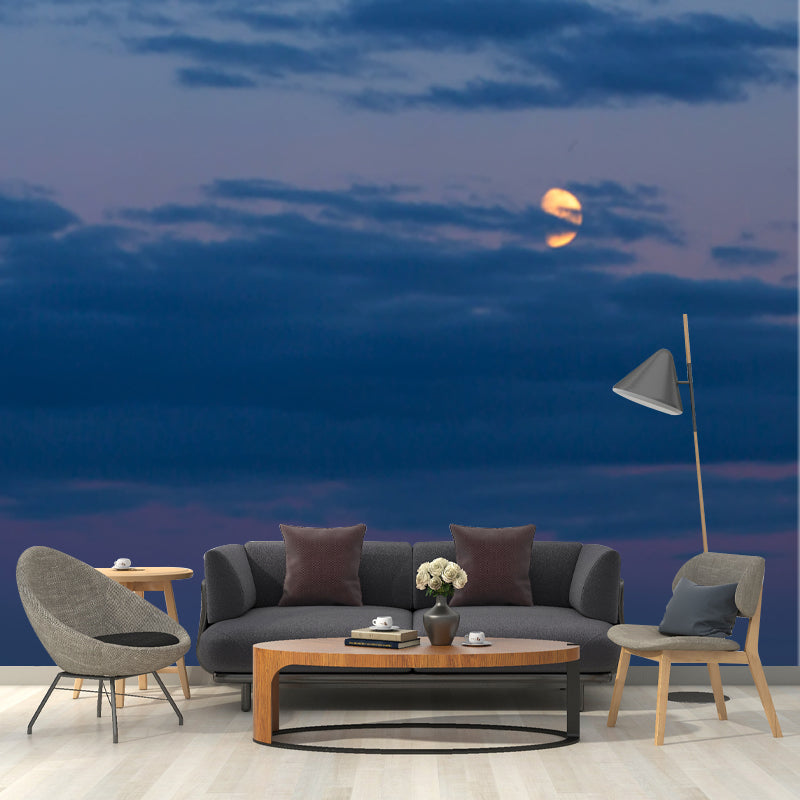 Blue Lake at Night Mural Moon Behind the Cloud Modern Washable Wall Decor Above Bed