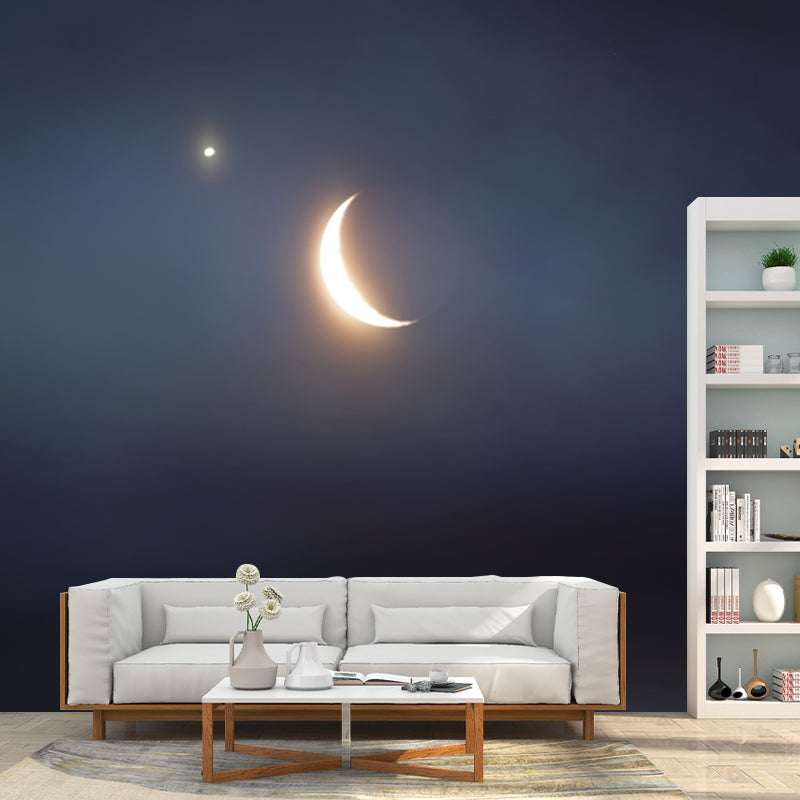 Shiny Night Sky Crescent Mural Wallpaper for Bedroom, Blue-Yellow, Made to Measure