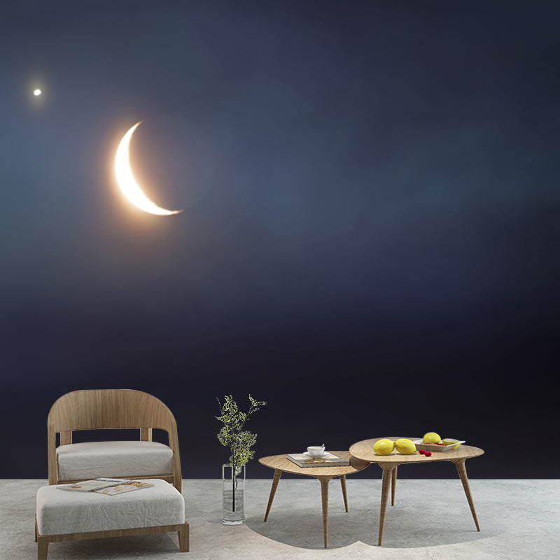 Shiny Night Sky Crescent Mural Wallpaper for Bedroom, Blue-Yellow, Made to Measure