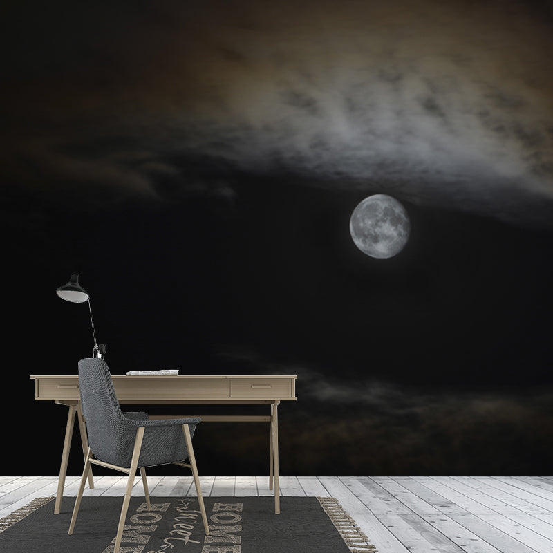Full Moon on Sky Mural Black-Grey Modern Wall Covering for Accent Wall, Size Optional