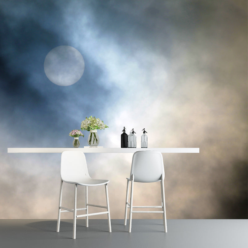 Moon and Foggy Sky Mural Blue-Yellow Modern Style Wall Decoration for Living Room