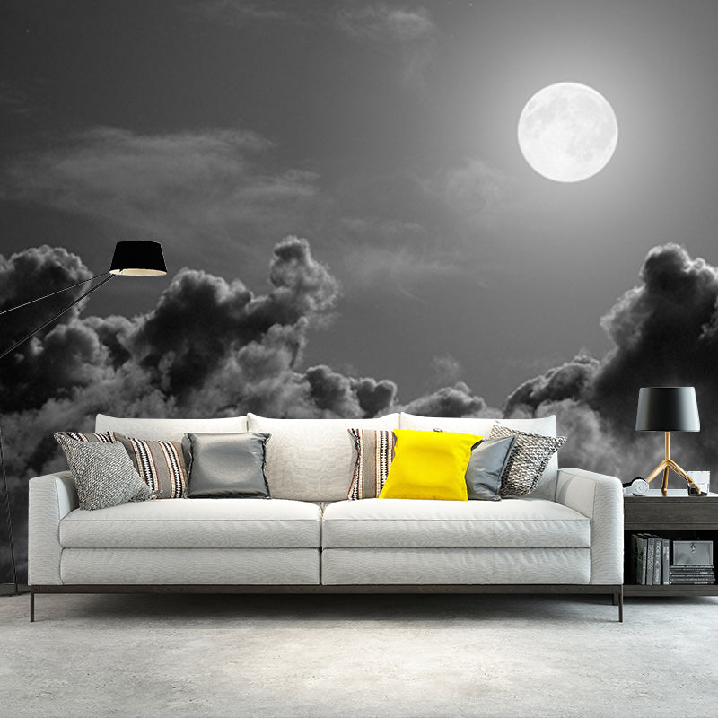 Grey-Black Modern Wallpaper Mural Huge Full Moon Above Cloud Sea Wall Covering for Home