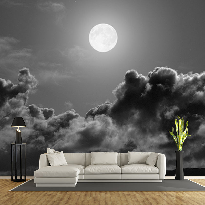 Grey-Black Modern Wallpaper Mural Huge Full Moon Above Cloud Sea Wall Covering for Home