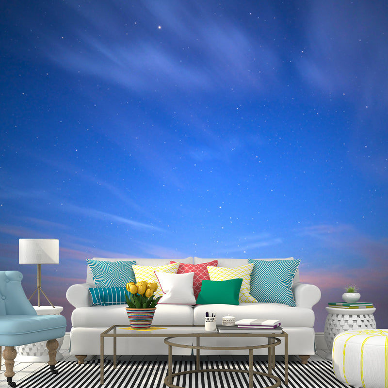 Custom Photo Print Modern Mural with Hidden Moon and Starry Sky Pattern in Blue-Brown