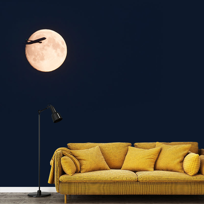 Black Contemporary Mural Whole Jet on Moon Sky Wall Art for Living Room, Custom Made